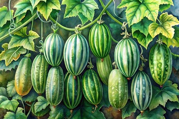 Watercolor painting of fresh striped cucumbers on a vine plant