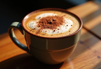 Obraz premium Frothy Cappuccino with Cocoa Sprinkle Over Textured Foam Warm Beverage Cozy Atmosphere Artisanal Creamy Delight