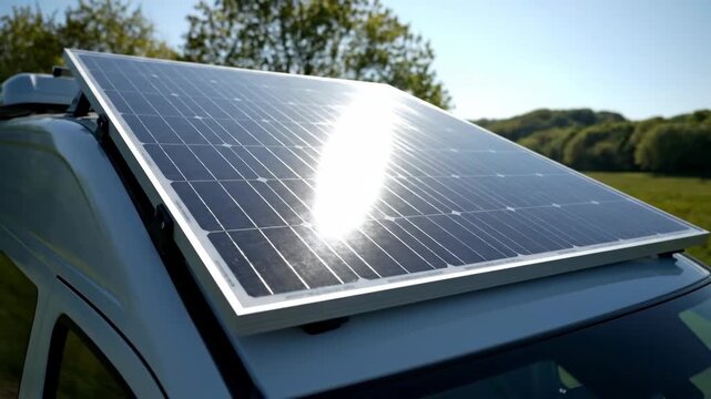 Solar panel on a campervan roof generating renewable power. Sun reflecting on photovoltaic cells for off-grid electricity. Sustainable travel and green energy concept
