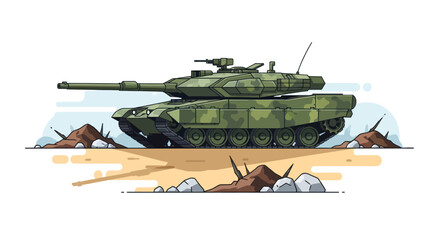 Modern Camouflaged Military Tank on Sandy Terrain with Debris. © wongpunduh