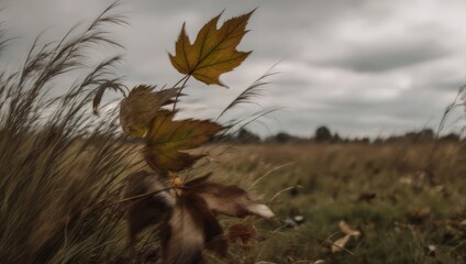 Obraz premium Wind-blown autumn leaves and tall grass in a field under a stormy sky