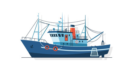 Blue Cartoon Fishing Boat with Nets a Traditional Trawler Vessel.