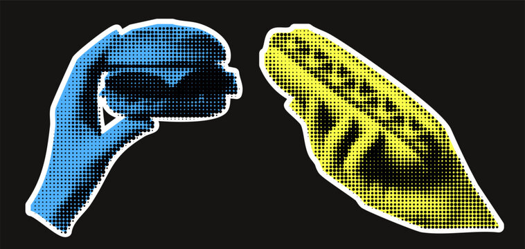 A hands collages outline sticker and transparent burger for fast food or a retro pop art and punk design.