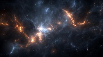 Naklejka premium Cosmic nebula with vibrant orange and blue hues swirling through the vast expanse of space, creating a mesmerizing and ethereal celestial scene