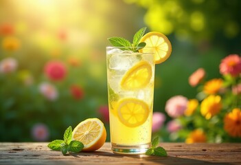Fototapeta premium Refreshing Ice-Cold Lemonade Mint Beverage Bright Sunny Garden Relaxation Outdoor Refreshment