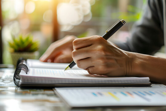 Pen and Paper: Capturing the act of writing with a pen on a notepad. The sunlight gently filters in, creating a tranquil ambiance perfect for concentration and creativity. 