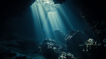 Sunlight pierces through the oceans surface, illuminating an underwater cave with beams of light, creating a dramatic and mysterious seascape