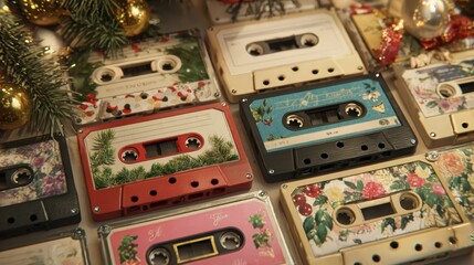 A collection of decorated cassette tapes lies among festive decorations