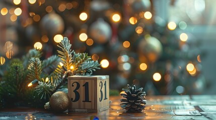 Decorative calendar displays December 31 amid holiday decorations