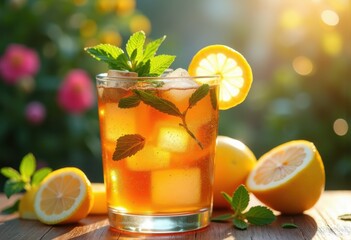 Fototapeta premium Refreshing Iced Tea Drink Herbal Lemon Zest Cool Beverages Invigorating Tea Infusion Summer Relaxation