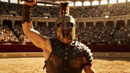 Gladiator man in ancient Roman arena preparing for battle with raised sword. Muscular warrior in helmet and armor facing crowd cheers in Colosseum. Historical combat reenactment documentary footage. - Powered by Adobe
