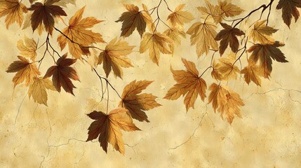  A painting of a tree branch with leaves on its branches, featuring a mix of yellow and brown foliage