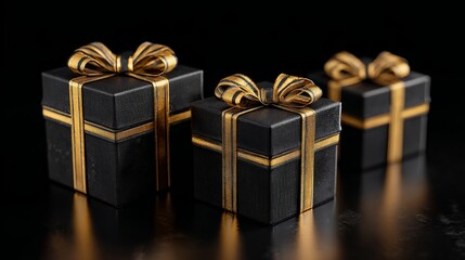 Elegant black and gold gifts for luxurious occasions or sophisticated celebration, perfect for festive promotions or high-end holiday marketing campaigns