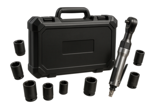 Comprehensive automotive tool kit featuring impact sockets and a pneumatic ratchet.