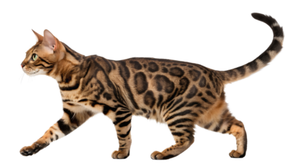 Isolated beautiful bengal cat with a graceful walking pose and expressive gaze in studio
