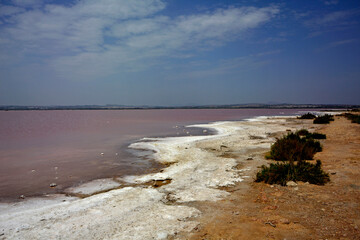 różowe jezioro, słone jezioro, Torrevieja, Hiszpania, Salt Lake in Torrevieja, lagoons for salt extraction in Alicante, pink lake of torrevieja, Costa Blanca, province of Alicante, Spain, Laguna Rosa