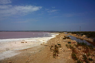 różowe jezioro, słone jezioro, Torrevieja, Hiszpania, Salt Lake in Torrevieja, lagoons for salt extraction in Alicante, pink lake of torrevieja, Costa Blanca, province of Alicante, Spain, Laguna Rosa