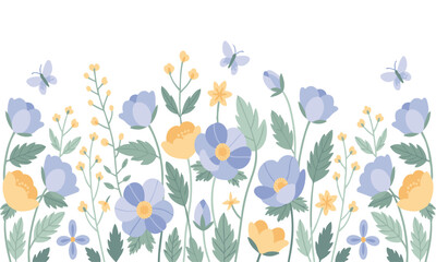 Gentle Spring Meadow Pattern for Nursery Vector illustration, textile design and fabric print, banner & poster print, easily editable.