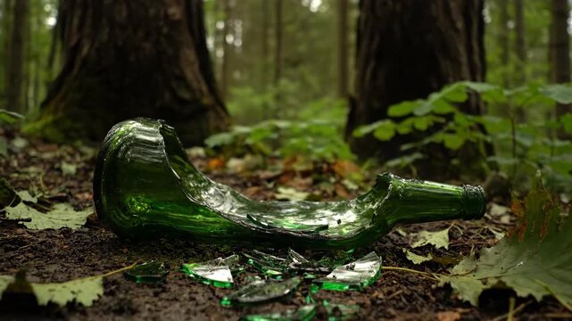 A broken green glass bottle littered on the forest floor. Environmental pollution and waste in nature. Human impact and ecological damage concept