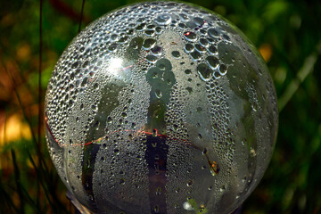 przeźroczysta bańka z kroplami wody, plastikowa, przeźroczusta kula pokryta parą wodną i kropalmi wody, transparent bubble with water drops, a plastic, transparent ball covered with water drops	