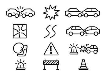 Car Crash Icons. Crash scenario. Line icon set of Crash scenario: car crash, impact explosion, two cars, broken glass, skid marks, crumpled vehicle, airbag,