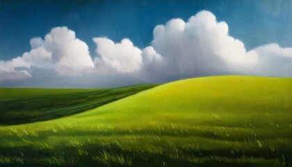 Obraz premium Minimalist Landscape Painting Of Cloudy Sky And Green Field