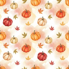 Seamless pattern with watercolor pumpkins and autumn leaves on a light background. different shades of orange, red, and white