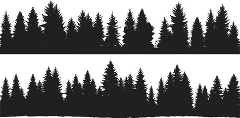 Two rows of black pine tree silhouettes against a white background pine trees forest