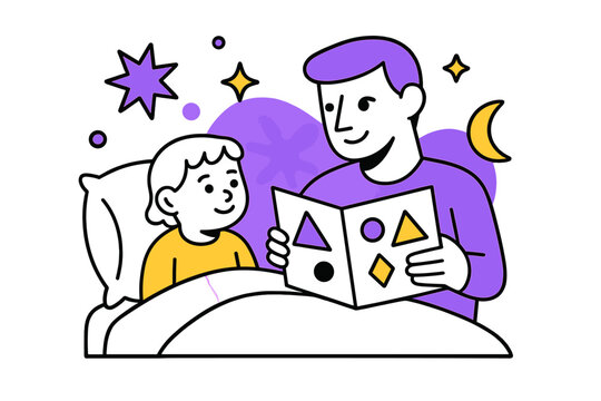 Bedtime Reading Magic. Bedtime Reading Ritual. Parent showing abstract book to child on bed, floating geometric stars and playful shapes, calm and intimate