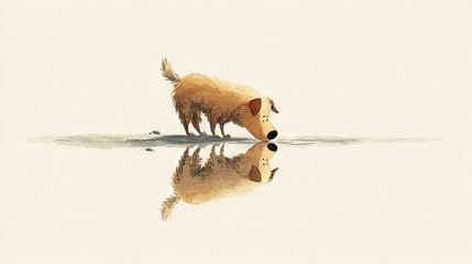   A brown dog perched atop a lake, reflected in the water below