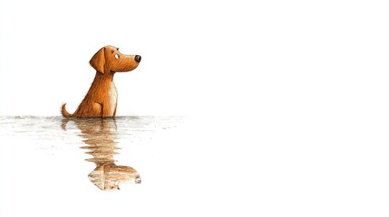   A dog is submerged in water, its head emerging above the surface as it gazes upward towards the sky