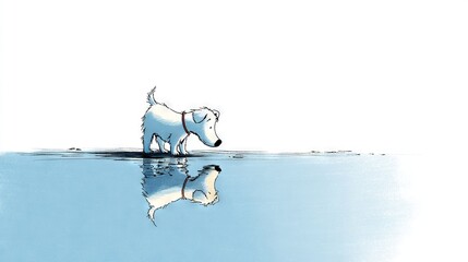   A polar bear standing on water with its reflection in the mirror