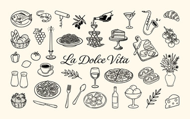 Hand-drawn Italian food and lifestyle icons including pasta, wine, pizza, cheese, and more. Elegant black and white sketch style. La Dolce Vita Italian Food and Lifestyle Doodle Set. Vector graphic