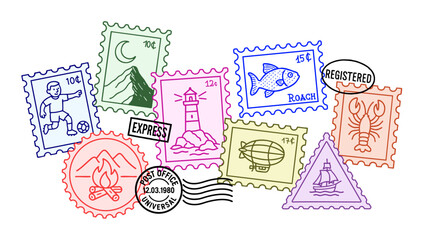 Colorful Vintage Postage Stamp Illustrations Collection. A playful set of vintage-style doodles &ndash; marks featuring travel, nature. Cute postage stamps and cancellation stamps. Vector graphic set.