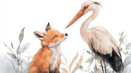  Fox & Stork, White Sky Watercolor