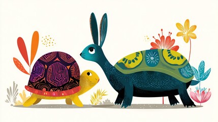   A Turtle & Tortoise Painting with Flowers