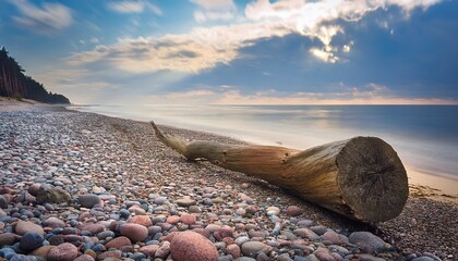 Lonely Beach With Boulders In Latvia Pebbles And Split Boulder With A Tree Trunk Logged Into It