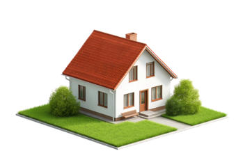 White house with red roof and green lawn isolated on a transparent background