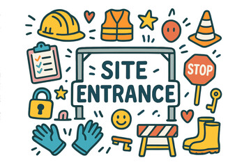 Colorful Construction Site Icons. Site Entrance. Colorful Hand-drawn doodle Children illustration gate, construction helmet, safety vest, traffic cone,