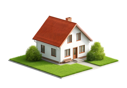 White house with red roof and green lawn isolated on a transparent background