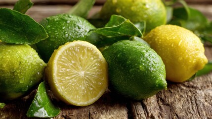Fresh limes and one yellow lemon rest on a rustic wooden surface. Morning light creates a glistening effect on the water droplets and green leaves nearby enhancing the vibrant colors.
