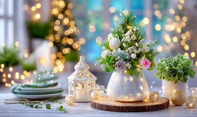 Christmas tree decor with glowing lights bokeh. Perfect for festival, holiday, celebration	