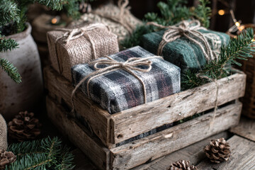Rustic Christmas presents in a wooden crate wrapped in burlap and plaid fabric for holiday decorations and gift giving