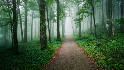 Obraz premium Misty Forest Path Shrouded In Deep Green