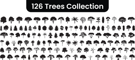 Collection of 126 black tree silhouettes with diverse shapes and sizes on a white background trees