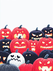 Group of carved Halloween pumpkins with glowing faces. Playful hand-drawn illustration with spooky expressions and vibrant red, black, and white colors