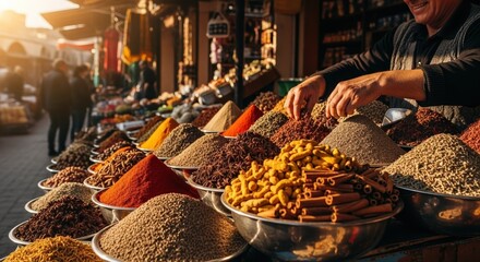 Colorful spice market stall with aromatic herbs and powders in warm sunset light for food blogs, bazaar banners, culinary design and oriental lifestyle content