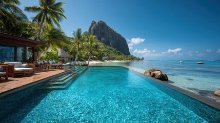 Obraz premium A luxurious villa overlooks a sparkling swimming pool that flows into the ocean. Lush palm trees and a rocky mountain complete this picturesque tropical scene under clear blue skies.