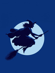Silhouette of a witch flying on a broomstick across a full moon in the night sky