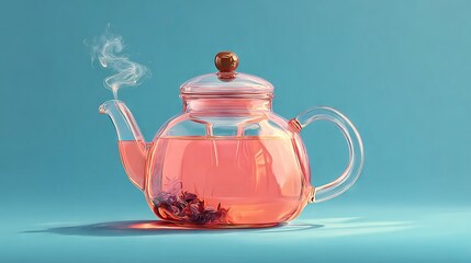   A teapot filled with pink liquid, steaming and a teaspoon protruding